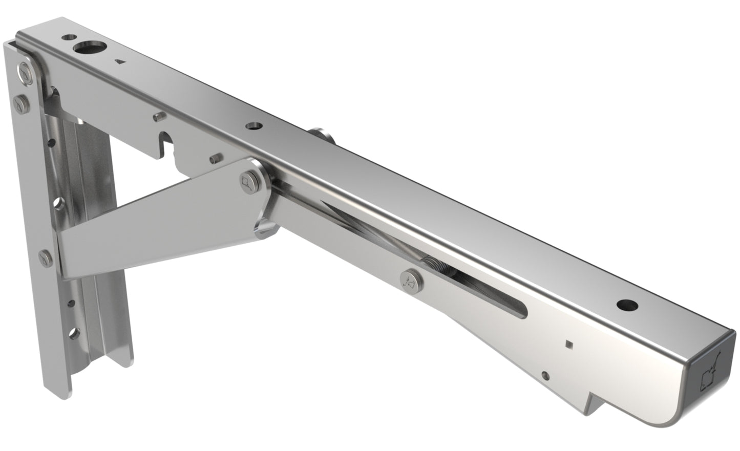 Hochwertige Schwerlast-Klapptischstütze mit Soft-Close Dämpfer EB-317-DA aus Edelstahl. Klappkonsole bis 200kg Traglast. Klappenstütze von ROCA / Sugatsune