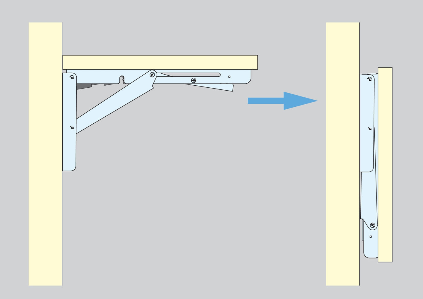 Hochwertige Schwerlast-Klapptischstütze mit Soft-Close Dämpfer EB-303-DA aus Edelstahl. Klappkonsole bis 100kg Traglast. Klappenstütze von ROCA / Sugatsune