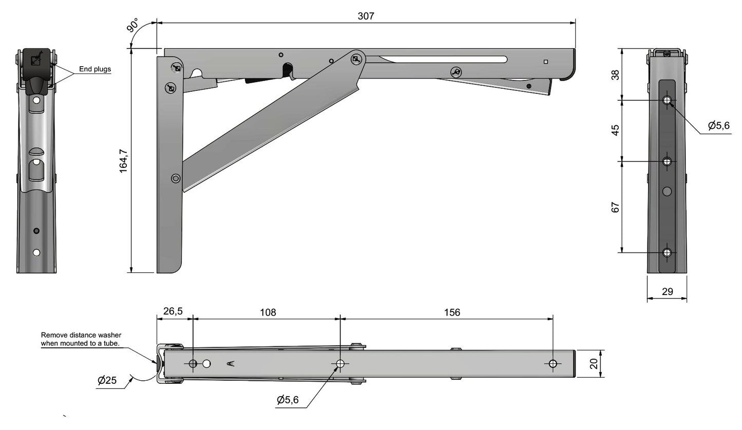 Hochwertige Schwerlast-Klapptischstütze mit Soft-Close Dämpfer EB-303-DA aus Edelstahl. Klappkonsole bis 100kg Traglast. Klappenstütze von ROCA / Sugatsune