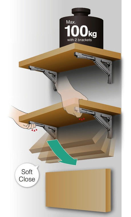 Hochwertige Schwerlast-Klapptischstütze mit Soft-Close Dämpfer EB-303-DA aus Edelstahl. Klappkonsole bis 100kg Traglast. Klappenstütze von ROCA / Sugatsune