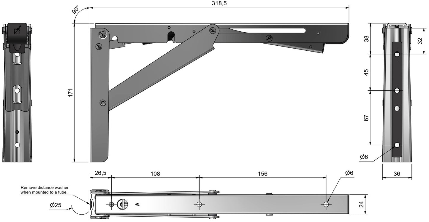 Support de table pliant robuste de haute qualité avec amortisseur de fermeture en douceur EB-317-DA-BL en acier inoxydable, surface : noire. Console pliable avec une capacité de charge jusqu'à 200 kg. Support de rabat de ROCA / Sugatsune