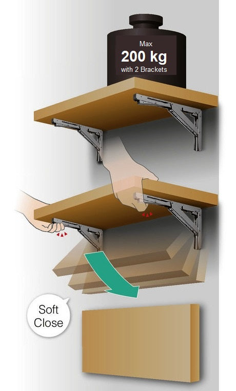 Hochwertige Schwerlast-Klapptischstütze mit Soft-Close Dämpfer EB-317-DA aus Edelstahl. Klappkonsole bis 200kg Traglast. Klappenstütze von ROCA / Sugatsune