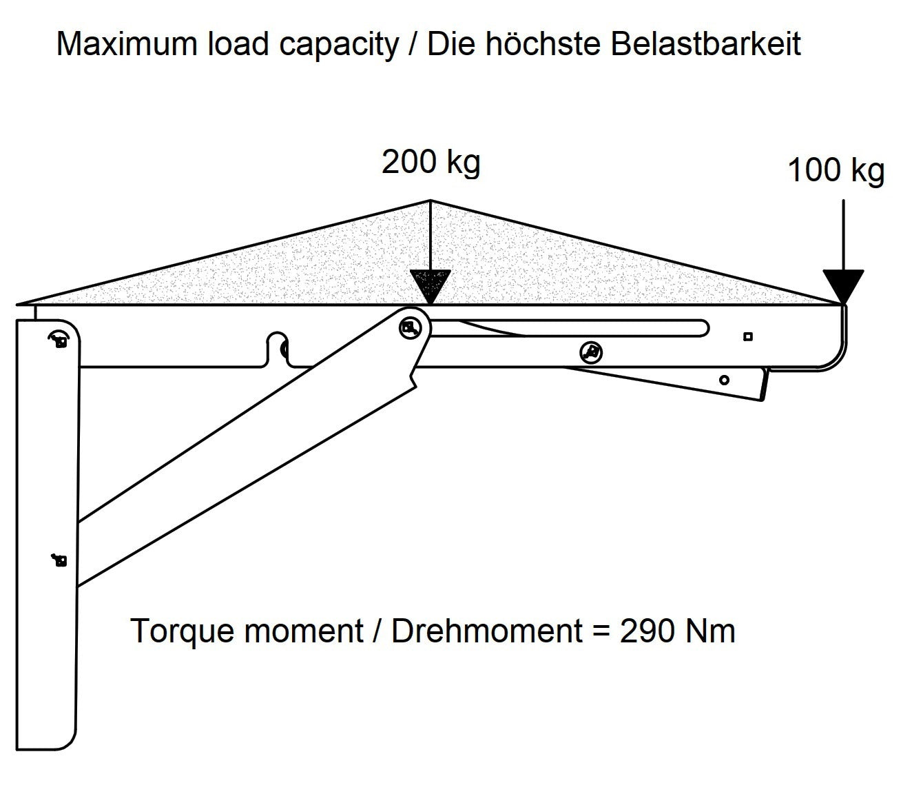 2 Stück hochwertige Schwerlast-Klapptischstützen EB-317 aus Edelstahl. Ein Paar Klappkonsolen bis 200kg Traglast. Klappenstützen von ROCA / Sugatsune