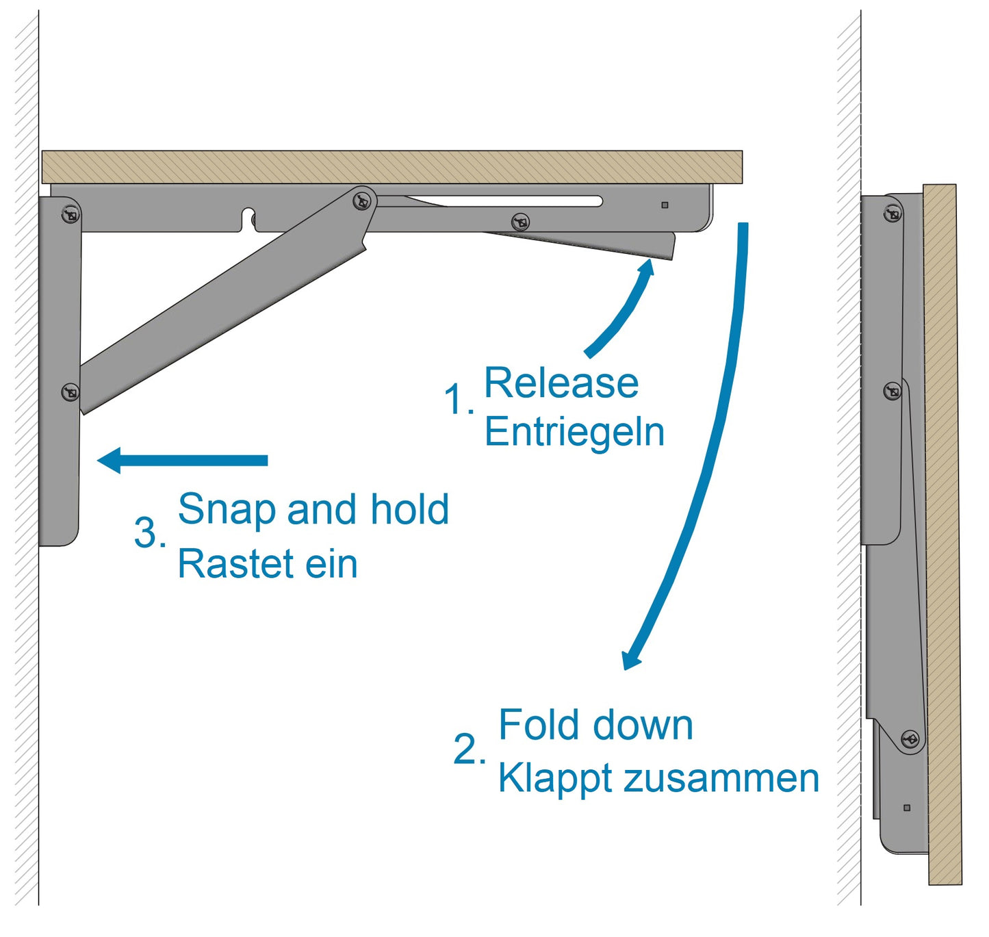 2 Stück hochwertige Schwerlast-Klapptischstützen EB-303 aus Edelstahl. Ein Paar Klappkonsolen bis 150kg Traglast. Klappenstützen von ROCA / Sugatsune