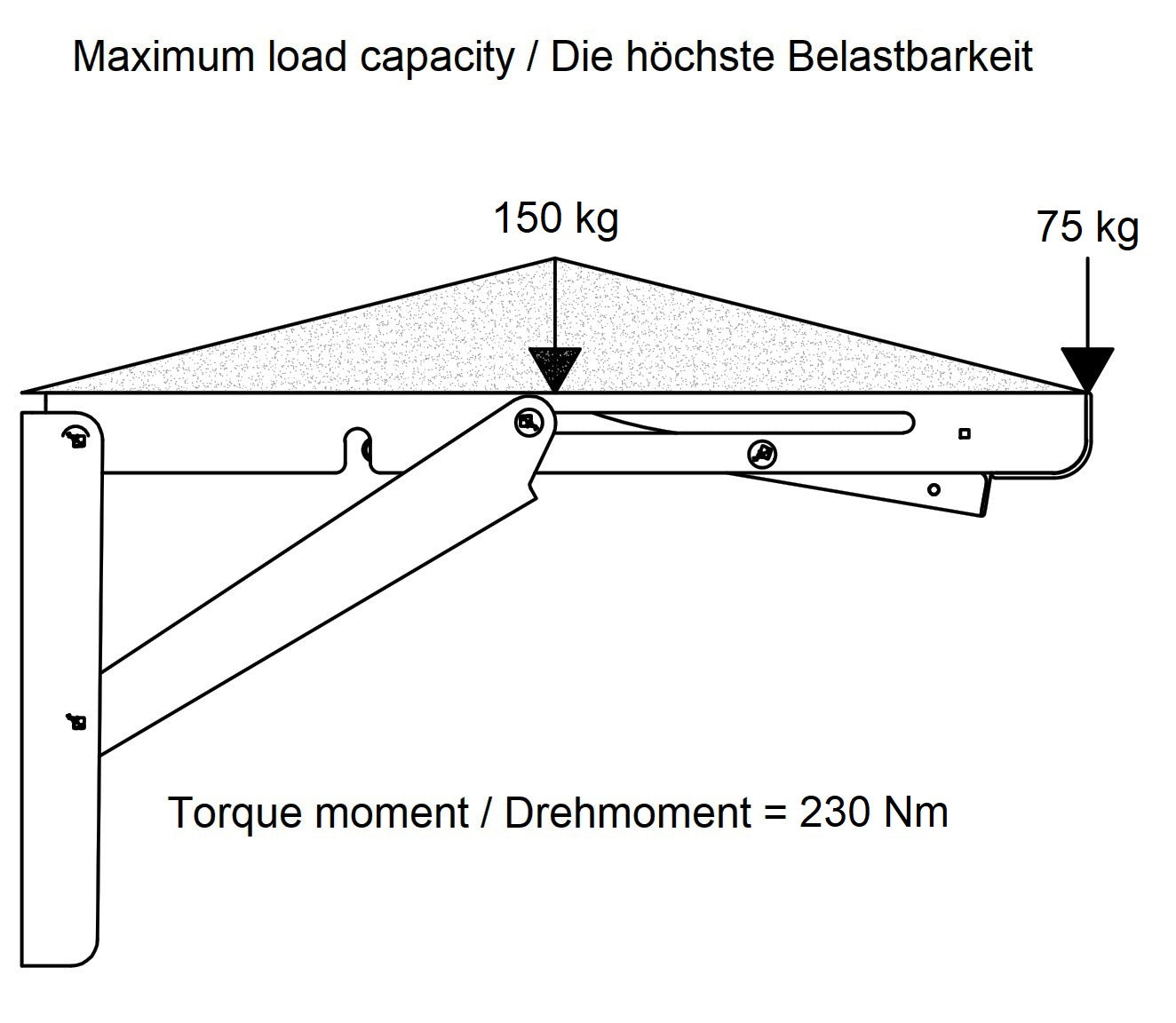 2 Stück hochwertige Schwerlast-Klapptischstützen EB-303 aus Edelstahl. Ein Paar Klappkonsolen bis 150kg Traglast. Klappenstützen von ROCA / Sugatsune