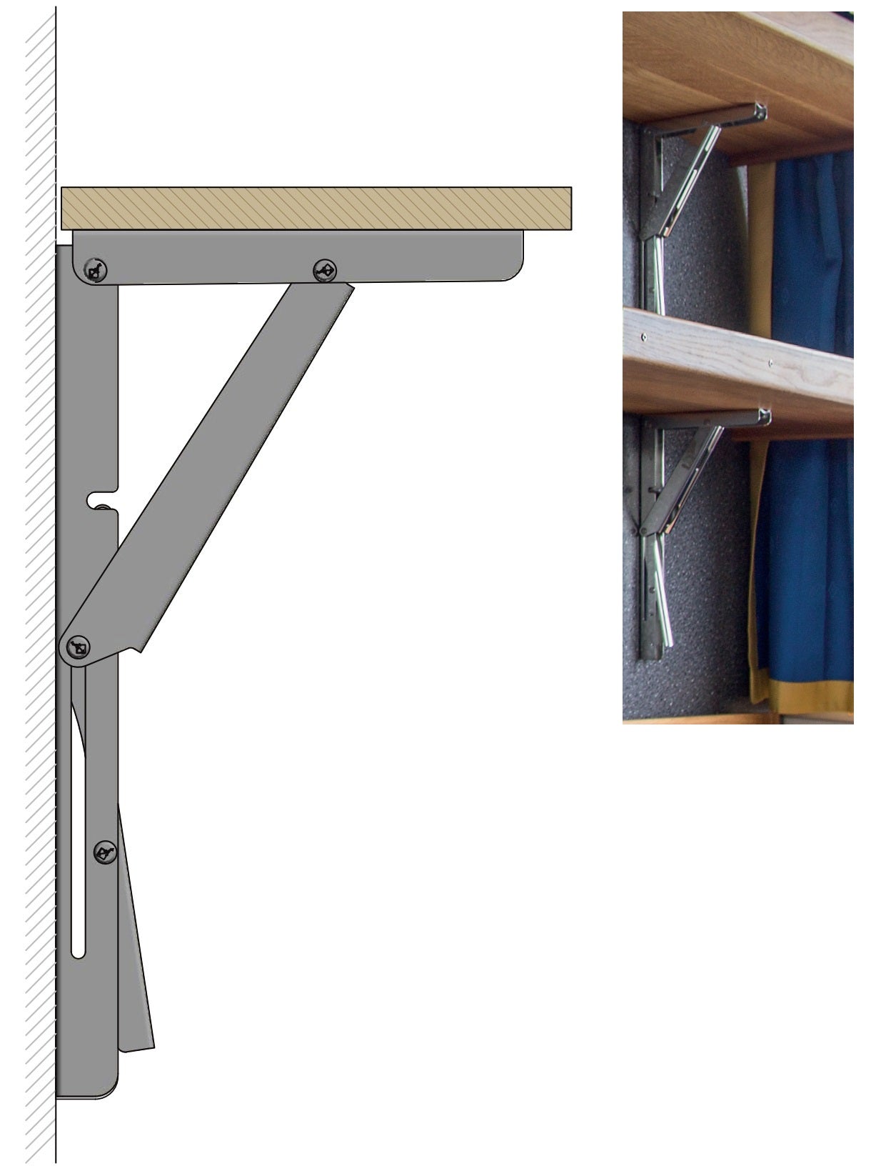 2 Stück hochwertige Schwerlast-Klapptischstützen EB-303 aus Edelstahl. Ein Paar Klappkonsolen bis 150kg Traglast. Klappenstützen von ROCA / Sugatsune