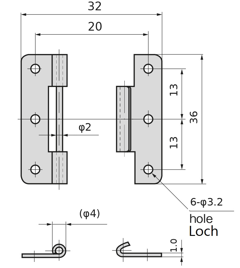 2 Stück hochwertiges Steckscharnier, aus Edelstahl SUS304, Tragkraft: 3 kg (7 lbs), Höhe: 36 mm (1-27/64″), B-1006-4 für Schiffstüren, Wartungsklappen