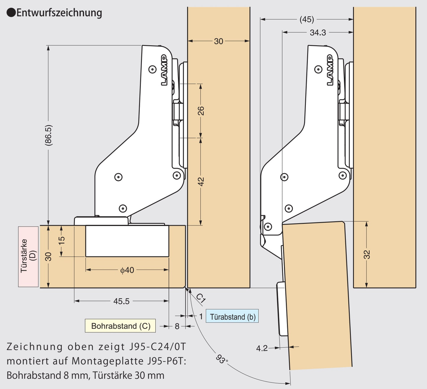 2 Stück Schwerlast-Möbelscharniere J95 für extra schwere Türen bis 25 kg! Inkl. Montageplatten. Schwerlast-Topfband, Möbelband mit Topfgröße 40 mm von LAMP® / Japan (einliegend)