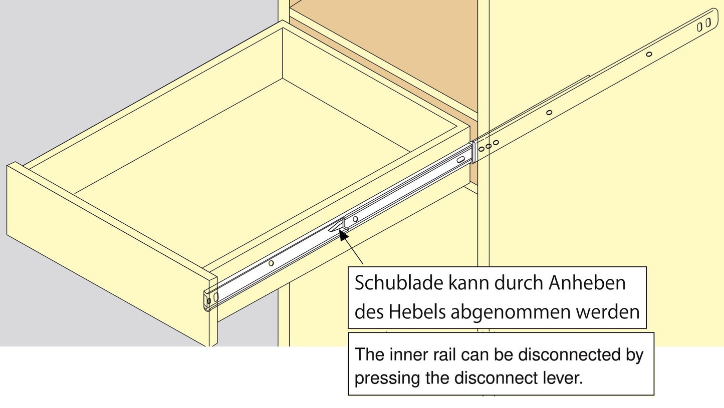 Hochqualitative korrosionsbeständige Vollauszug-Teleskopschienen aus Edelstahl. Herausnehmbare Schubladenschienen für raue und feuchte Umgebungen. Schubladenauszüge 37mm von Sugatsune / LAMP® (Japan)