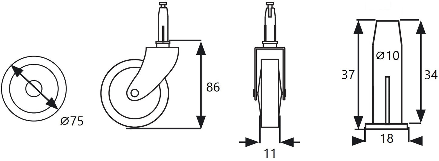 4 roulettes classiques pour chariot de service, capacité de charge : 60 kg, nickelées, diamètre : ⌀75 mm (2-61/64″), 08.01.110-1 pour chariot de service, chariot roulant, desserte