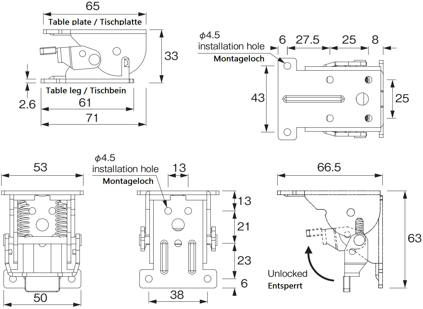 4 Stück Robuster Tischbein-Klappbeschlag, aus Stahl, Oberfläche: verzinkt, gelb, B205-KTL-CM für niedrige Tische, Couchtische, Holztischbeine