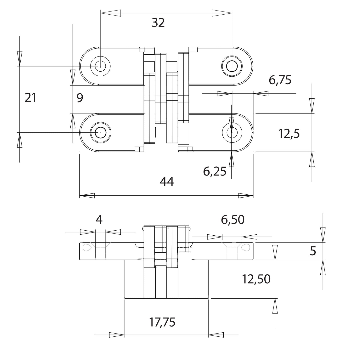 2 Stück unsichtbares Kreuz-Scharnier 44mm aus Zamak. Verstecktes Möbelband von UMAXO® 180° faltbar. Verdecktes Möbelscharnier, gelb verzinkt, zum einlassen