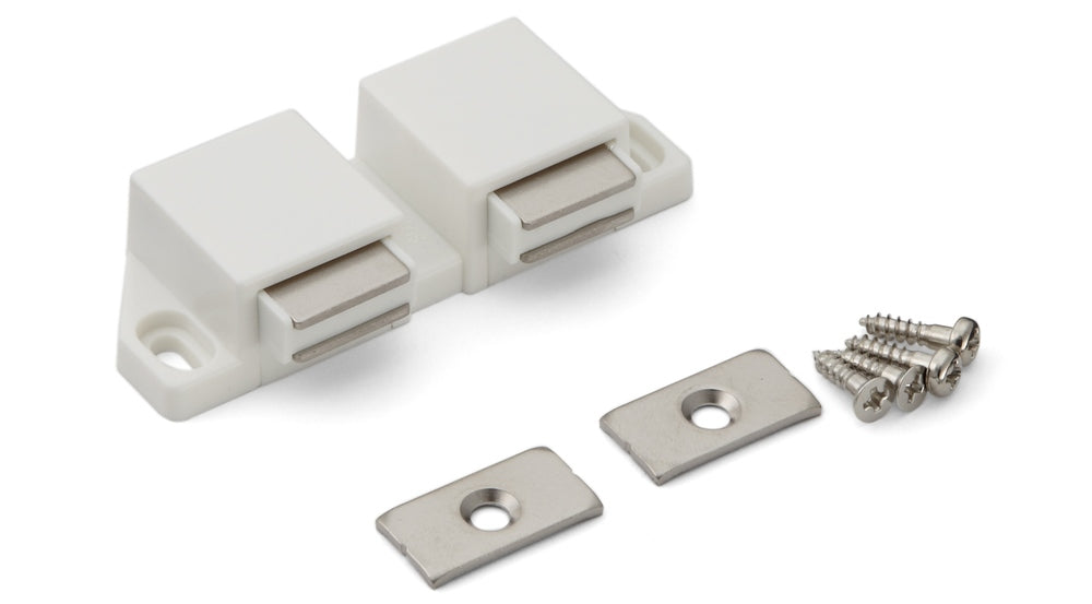 Loqueteau magnétique compact à bouton-poussoir, avec contreplaque, surface : blanche, 25 mm (63/64″), modèle : avec 2 poussoirs, ML-30WW pour portes de meubles, portes d'armoires