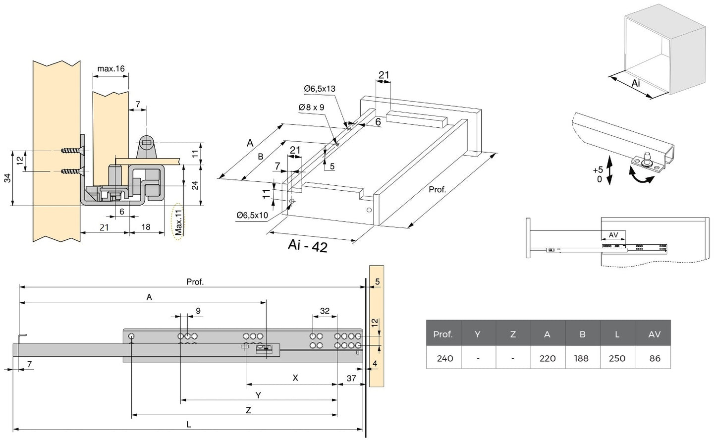 Underfloor guides, load capacity: 25 kg (56 lbs), 250 mm (9-27/32″), partial extension with push-to-open, 3123005 for wooden drawer, wooden drawer, wooden shelf
