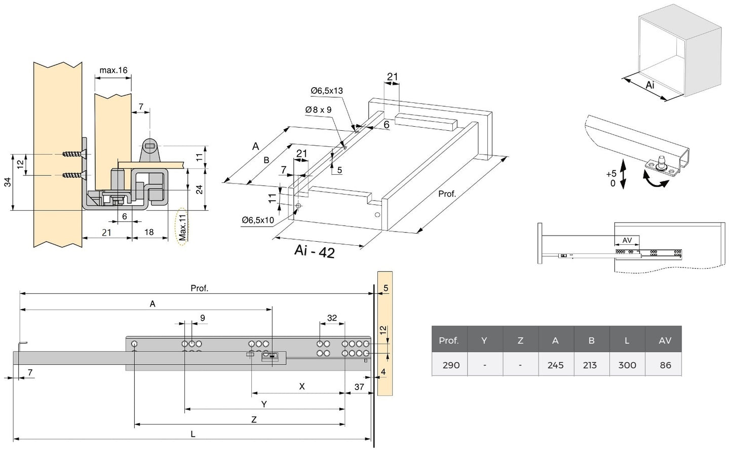 Underfloor guides, load capacity: 25 kg (56 lbs), 300 mm (11-13/16″), design: partial extension with push-to-open, 3123105 for wooden drawer, wooden shelf