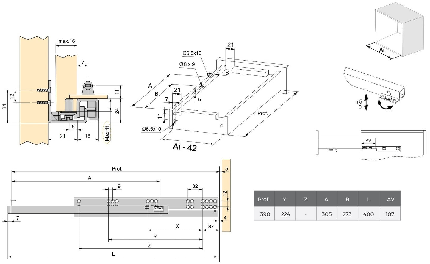 Glissières sous plancher, capacité de charge : 25 kg (56 lb), 400 mm (15-3/4″), modèle : extension partielle avec ouverture par poussée, 3123305 pour tiroir en bois, étagère en bois
