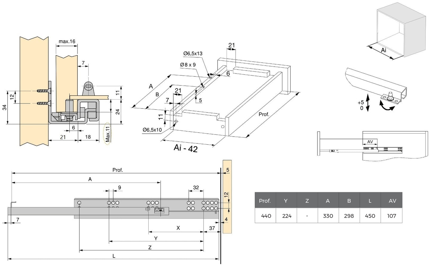Glissières sous plancher, capacité de charge : 25 kg (56 lb), 450 mm (17-23/32″), modèle : extension partielle avec ouverture par poussée, 3123405 pour tiroir en bois, étagère en bois