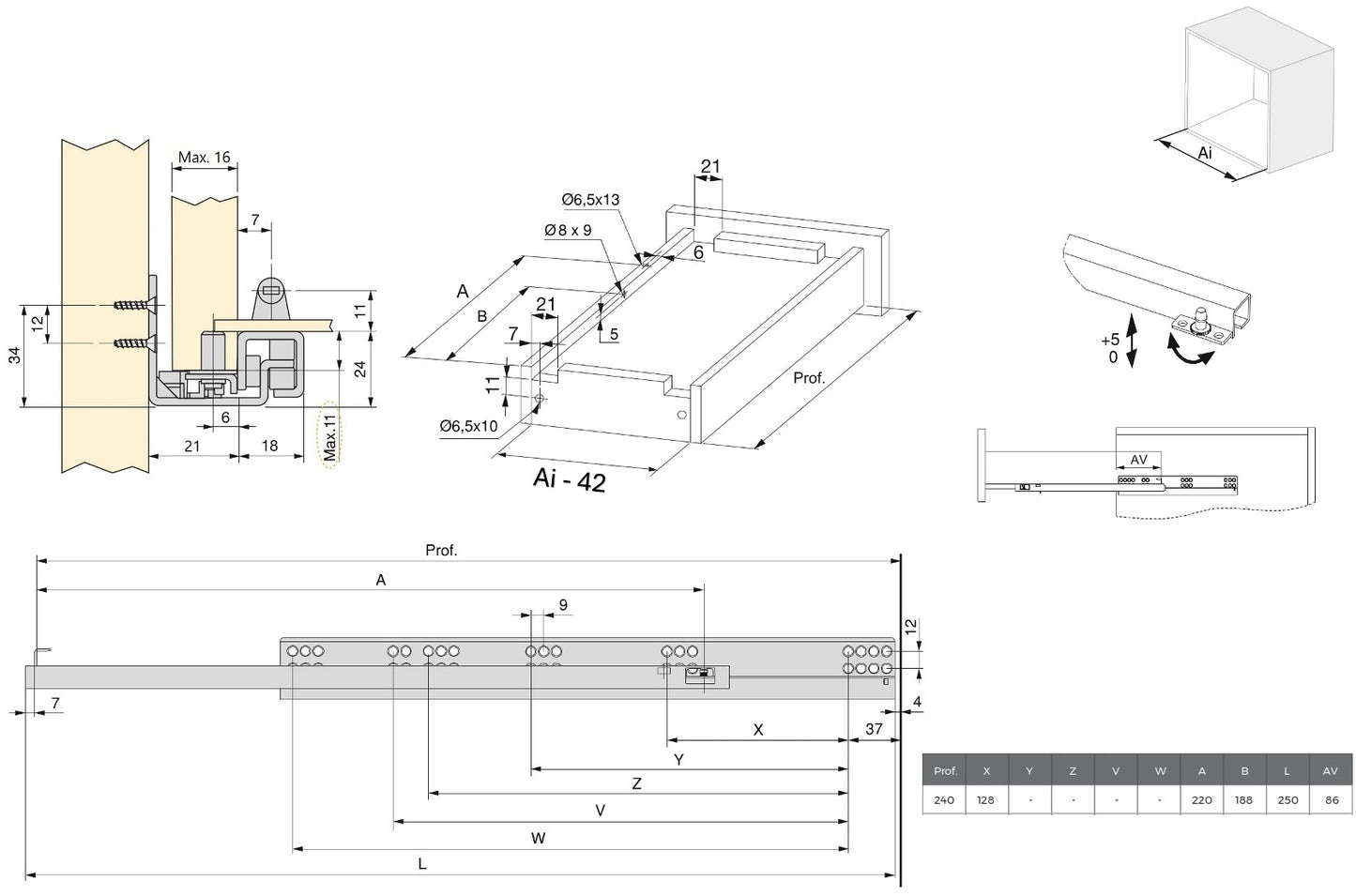 Underfloor guides, load capacity: 25 kg (56 lbs), 250 mm (9-27/32″), partial extension with soft-close, 3019005 for wooden drawer, wooden drawer, wooden shelf