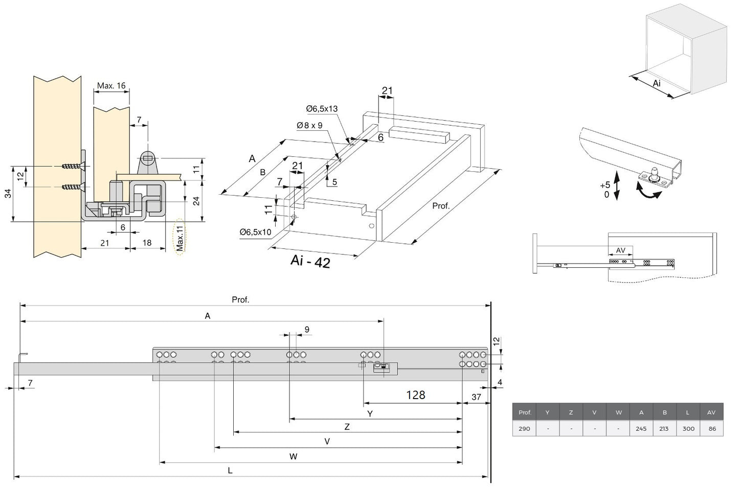 Underfloor guides, load capacity: 25 kg (56 lbs), 300 mm (11-13/16″), partial extension with soft-close, 3019105 for wooden drawer, wooden drawer, wooden shelf