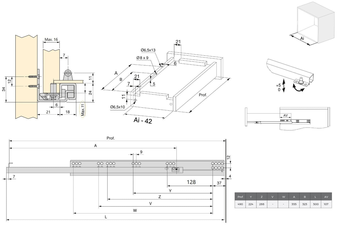 Underfloor guides, load capacity: 25 kg (56 lbs), 500 mm (19-11/16″), partial extension with soft-close, 3019505 for wooden drawer, wooden drawer, wooden shelf