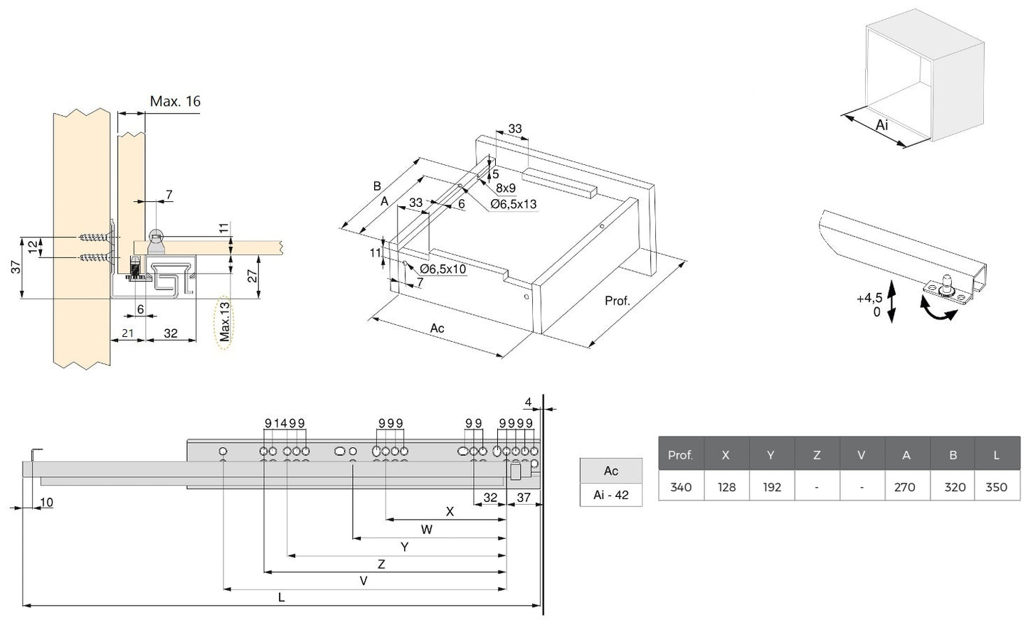 Underfloor guides, load capacity: 30 kg (67 lbs), 350 mm (13-25/32″), full extension with soft-close, 3124205 for wooden drawer, wooden drawer, wooden shelf