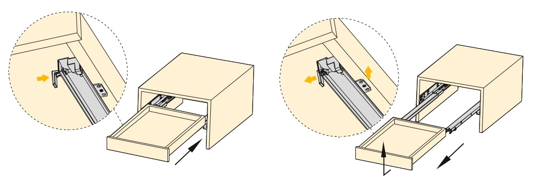 Underfloor guides, load capacity: 30 kg (67 lbs), 450 mm (17-23/32″), full extension with soft-close, 3124405 for wooden drawer, wooden drawer, wooden shelf