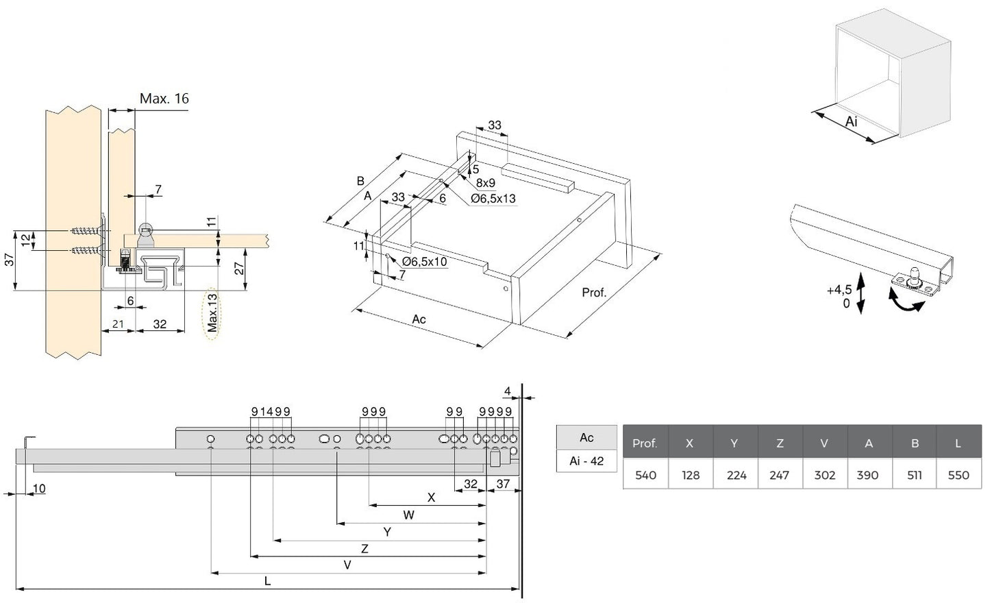 Underfloor guides, load capacity: 30 kg (67 lbs), 550 mm (21-21/32″), full extension with soft-close, 3124605 for wooden drawer, wooden drawer, wooden shelf