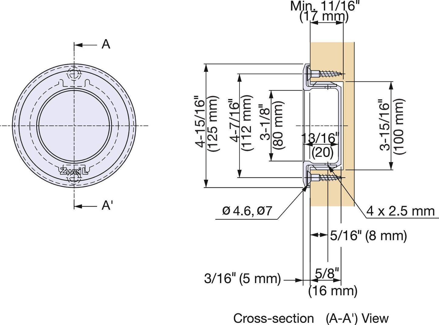 ZweiL® Edelstahl-Griffmuschel, 125 mm (5″) ZL-2501-125. Hochwertige massive und elegante Griffmuschel aus feinstem Edelstahl V4A (SUS316) für exklusive Raumgestaltung und hochwertige Einrichtungen von Sugatsune / LAMP® (Japan)